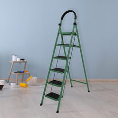 Cheston Foldable GI Steel 6-Steps Home Ladder | 6.3 Feet Anti-Skid Step Ladder with Wide Pedal & Hand Grip | Shock-Resistant Foldable Ladder for Home Use | Supports 150+ Kgs | Green (6 Step)