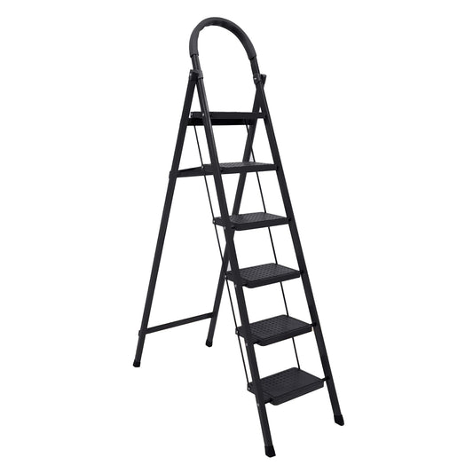 Cheston GI Steel Foldable 6-Step Ladder for Home - Black | Load Capacity - 150 Kg | Wide Anti Slip Rubber Grip | Compact | Stairs for Home Use | Step Ladder for Home Use