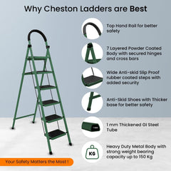 Cheston Foldable GI Steel 6-Steps Home Ladder | 6.3 Feet Anti-Skid Step Ladder with Wide Pedal & Hand Grip | Shock-Resistant Foldable Ladder for Home Use | Supports 150+ Kgs | Green (6 Step)