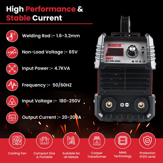 Cheston 200A Inverter Welding Machine IGBT LED Display Hot Start Welder Tool with Welding Cables, Goggles, Welding Rods & Other Accessories (2024 New & Improved Edition)