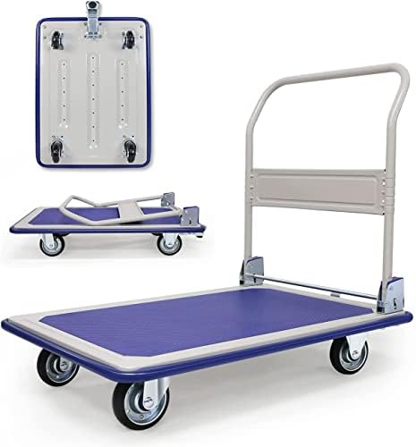 Cheston Folding Steel Platform Trolley with 4 Wheels I 300 kg Capacity I Collapsible/Folding Handle I Industrial Trolley Cart for Heavy Weight/Material Handling (90 * 61 * 87 cm)