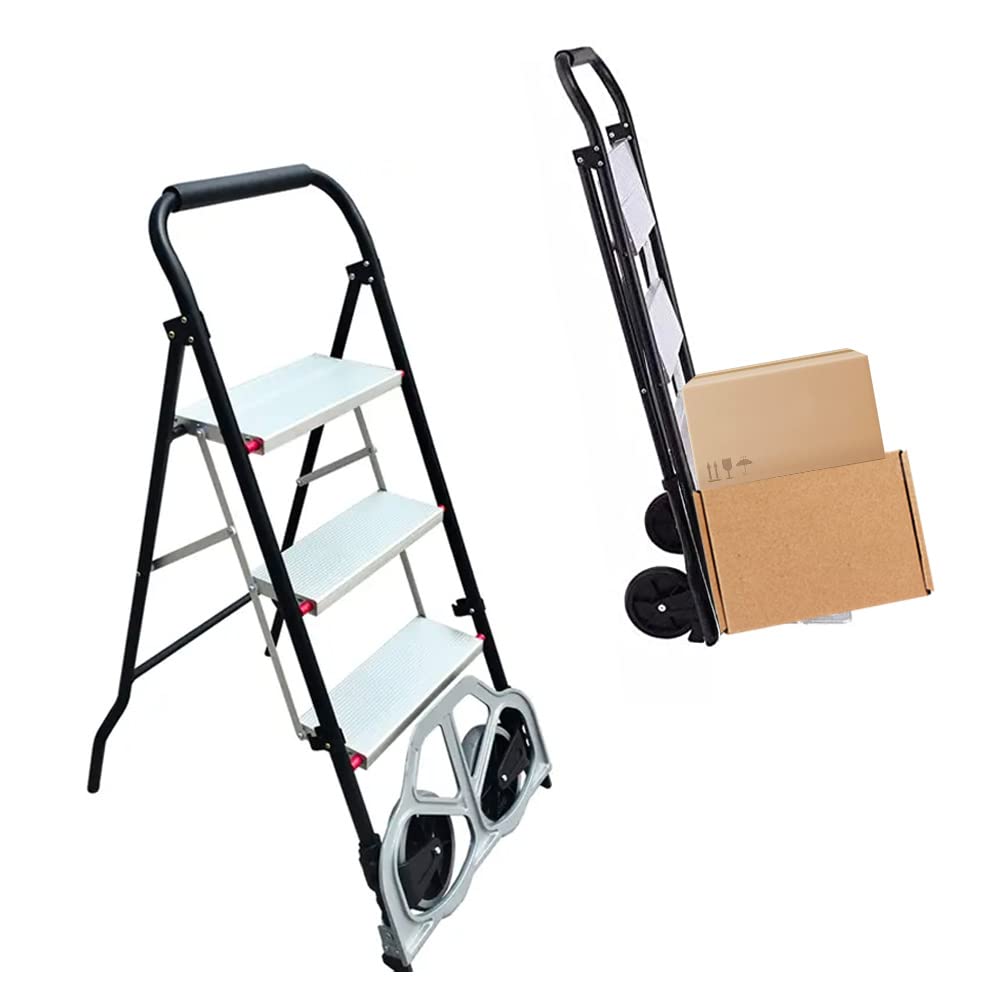 Cheston 2 in 1 Metal Hand Truck cum 3-Step Ladder I Portable Folding cart with 2 Wheels I Load Capacity 100 Kg (for Ladder 250 Kg)I Dolly Trolley Cart with TPR Hand Grip for Carrying Goods and Luggage