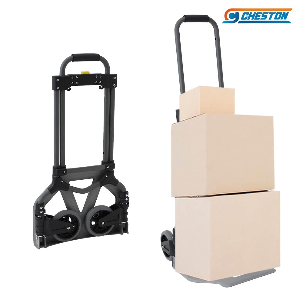 Cheston Folding Steel Hand Truck with Wheels I 65 kg Capacity I Telescopic Handle and Bungee Cord I Collapsible/Portable 2 Wheel Dolly Trolley Cart with TPR Hand Grip I (Open Size 40 x 42 x 100 cm)