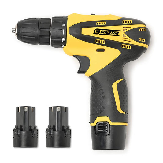 Cheston 10 millimeters Dual Speed Keyless Chuck 12V Cordless Drill/Screwdriver with 2 Batteries, LED Torch Variable Speed and Torque Setting (19+1) - (28 L x 24 W x 7 H) - Yellow