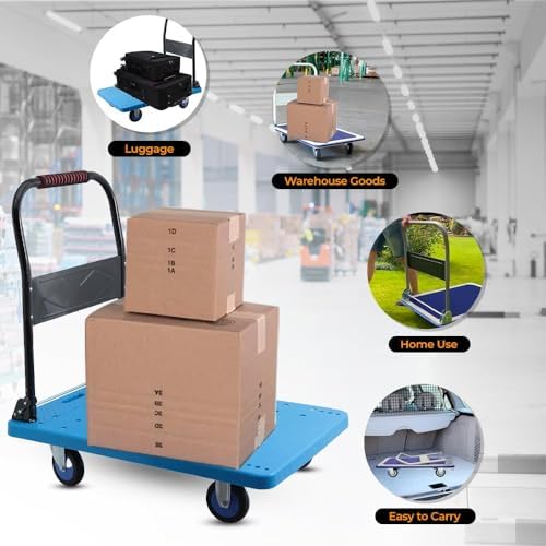 Cheston Folding Plastic and Steel Platform Trolley with 4 Wheels I 300 kg Capacity I Collapsible Folding Handle I Industrial Trolley Cart for Heavy Weight Material Handling - (90cm * 61cm * 87cm)