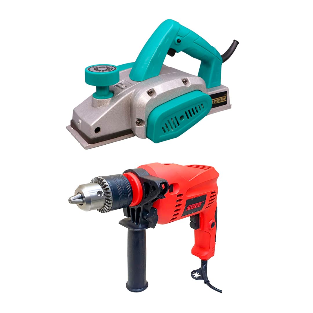 Cheston Electric Wood Planer 600W Inch Electric Hand-Held Planer, Industrial Electric Wood Planer + 13mm Impact 650W Drill Machine Reversible Hammer Tool