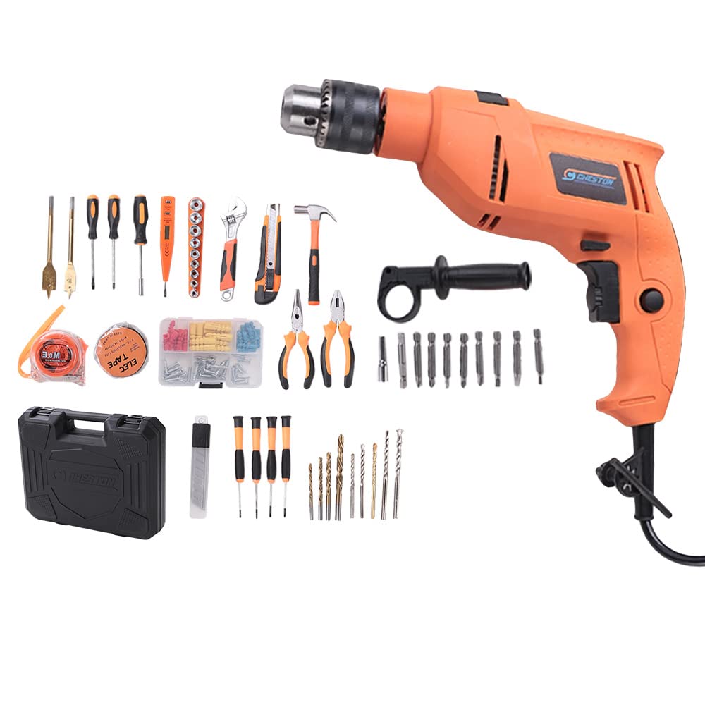 Cheston 13mm Power Drill Kit 600W Powerful Impact Drill Machine Kit | Screwdriver Kit with 47 Pieces Tool Kit and Accessories | Hammer Wrench Plier Cutter Spirit Level Tape
