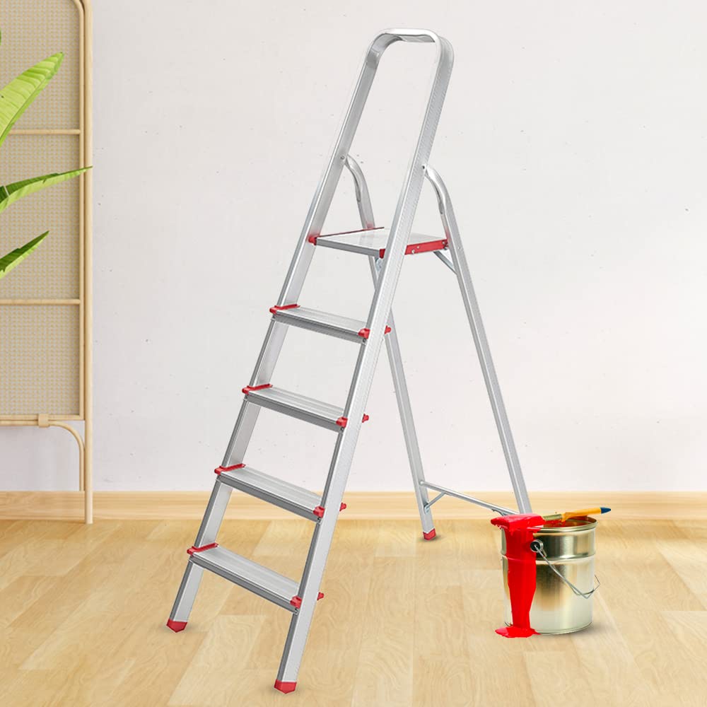 Cheston 5-Step Aluminium Ladder for Home & Office Use I 5 Wide Steps I Skid-Free Rubber Padded Steps | Lightweight & Foldable I 5.1 Feet I Wobble Free