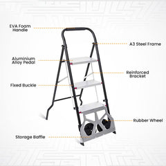 Cheston 2 in 1 Metal Hand Truck cum 3-Step Ladder I Portable Folding cart with 2 Wheels I Load Capacity 100 Kg (for Ladder 250 Kg)IDolly Trolley Cart with TPR Hand Grip for Carrying Goods and Luggage