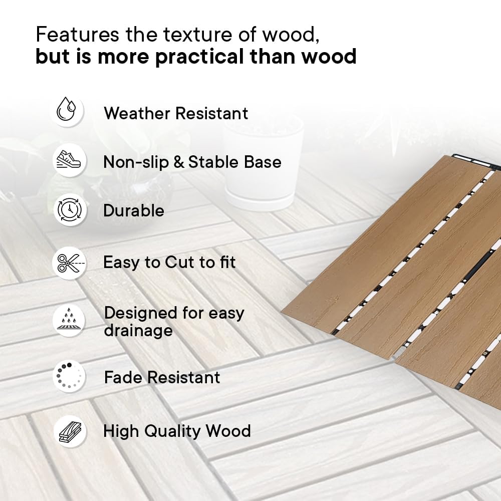 Cheston Interlocking Tiles I Wooden Floor Sheets I Interlocking Tiles for Indoor/Outdoor I Weather & Water Resistant I Flooring Solution I 12" X 12" Deck Tiles (Set of 12, WPC Brown Wooden Deck Tile)