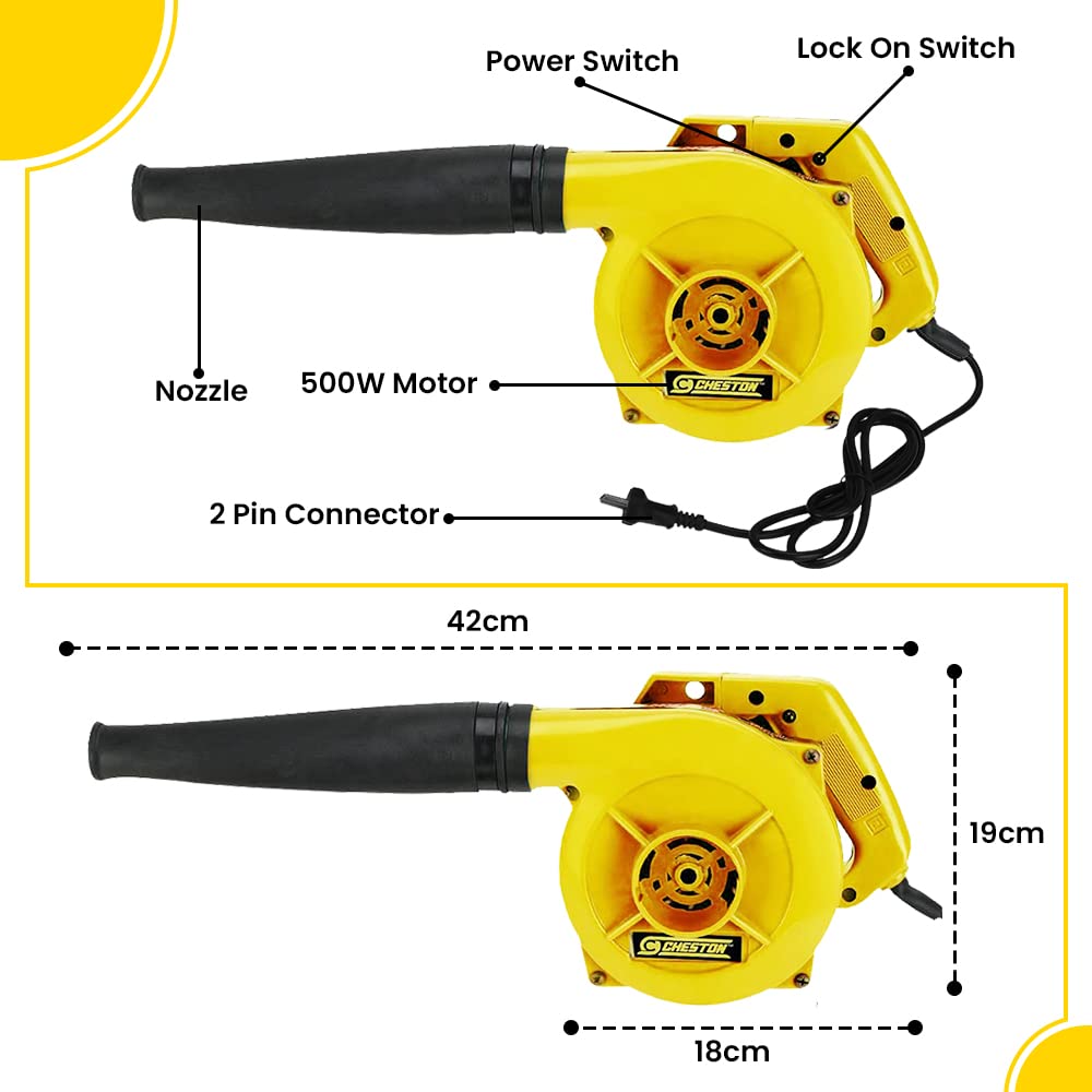 Cheston Electric Air Blower 500W Speed 17000 RPM 200V Dust Cleaner for Electrical Gadgets, Kitchen Appliances, Keyboard Cleaning (Yellow)
