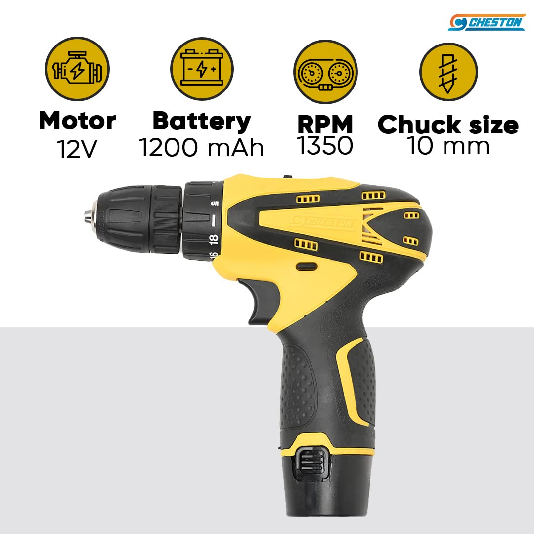 Cheston Cordless Drill Driver Kit with 24 accessories for drilling in Wall,Wood,Metal and Screwdriver 10 mm Keyless Chuck with 2 batteries LED torch Reversible Variable Speed and Torque Setting (19+1)