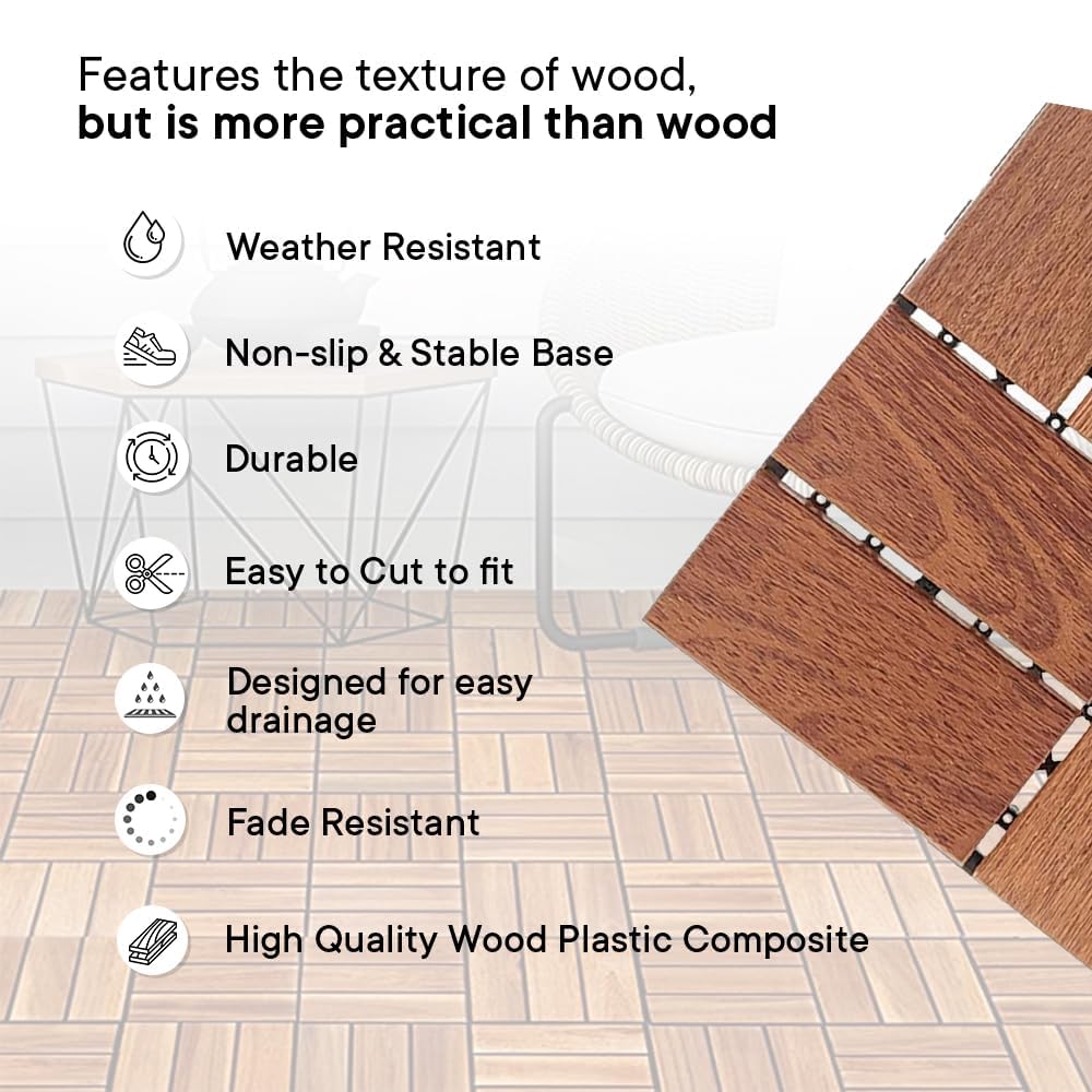 Cheston Interlocking Tiles for Floor I Interlocking Wooden Tiles for Garden, Balcony & Poolside I Weather & Water Resistant I Flooring Solution I 12" X 12" Deck Tiles (Set of 18, Dark Brown Wood Tile)