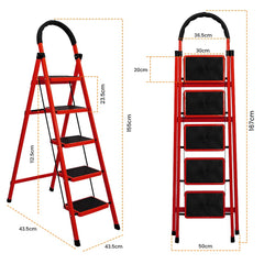 Cheston Premium Stainless Steel Ladder for Home 5 Steps Foldable I 5.1' FT Anti Skid Step Ladder with Wide Pedal & Hand Grip I Shock-Resistant Stool That Supports 150+ Kgs (Red & Black)