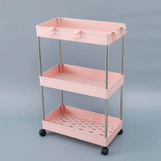 CHESTON Multipurpose 3 Tier Metal Storage Racks Stand with Wheels | with Hooks for Extra Storage I Rolling Utility Cart I Storage Trolley/Tray with Wheels for Kitchen/Bathroom | Home Organizer Racks