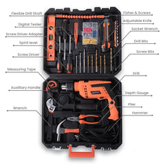 Cheston 13mm Drill Kit 750W Powerful Impact Drill Machine Kit | Screwdriver Kit with 43 Pieces Tool Kit and Accessories | Hammer Wrench Plier Cutter Spirit Level Tape