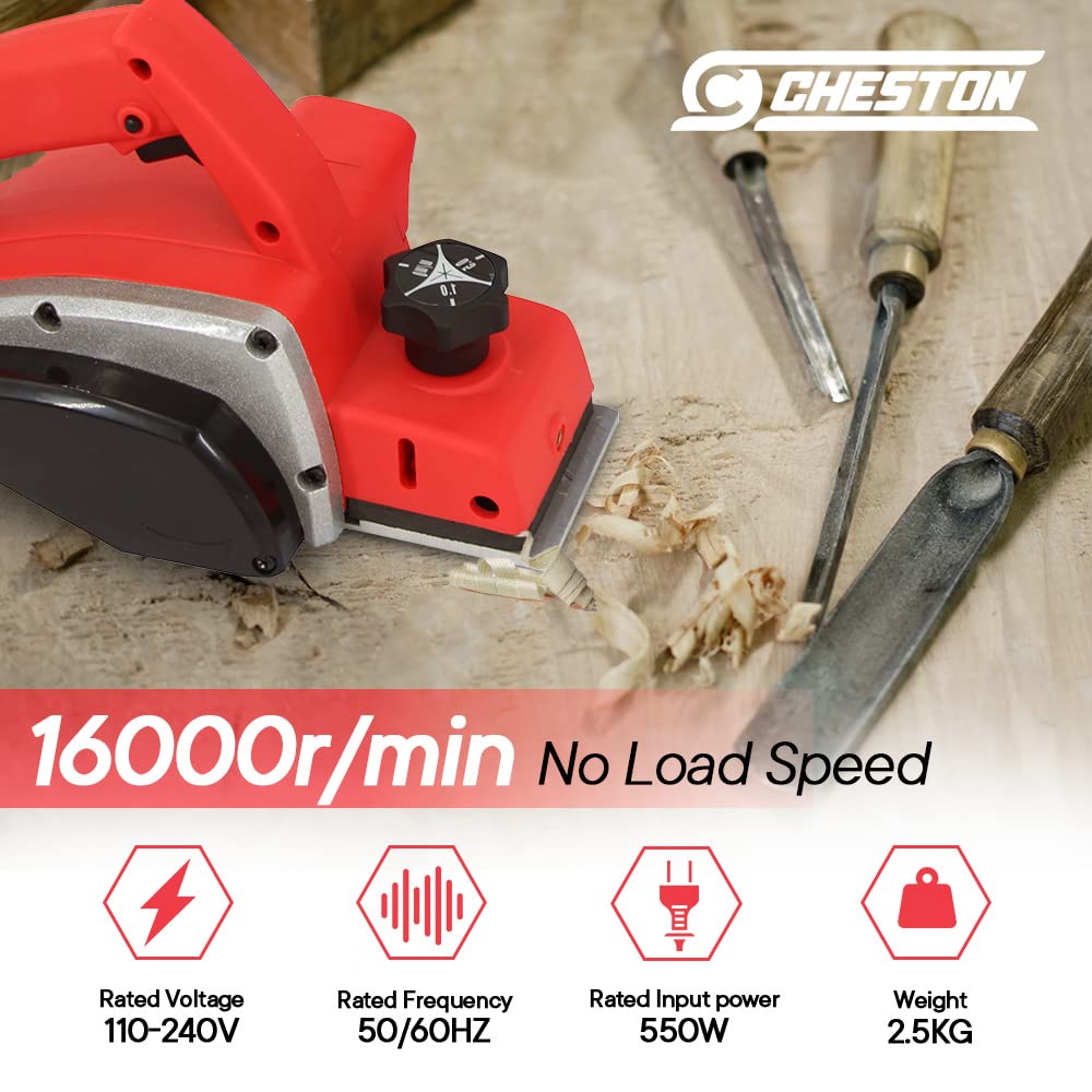 Cheston 550W Electric Planer 82mm 16000 RPM Hand Planer Woodworking Machine with Accessories (0-82mm)