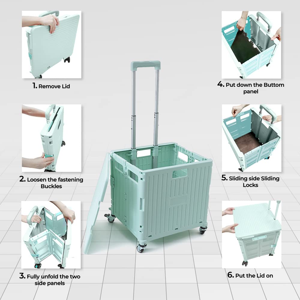 Cheston Fashion Foldable Utility Handcart Shopping Trolley with 4 Rotate Wheels I 50 Kgs Capacity I Rolling Collapsible Crate with Durable Heavy Duty Plastic Telescoping Handle I for Travel Shopping Moving Storage Office Use