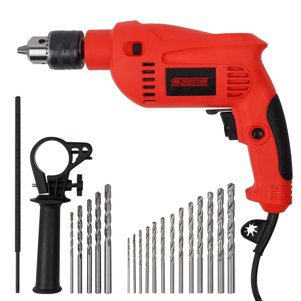 Cheston 13mm Impact Drill Machine Reversible Hammer Driver Variable Speed Screwdriver with 13HSS and 5 Wall Bits in Tool Box Case, red (CHD-13RE.13HSS.5WALL.BOX)…