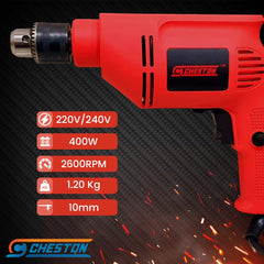 Cheston 10mm Powerful Drill Machine for Wall, Metal, Wood Drilling with 5 pcs Wall bits and 13 HSS bits