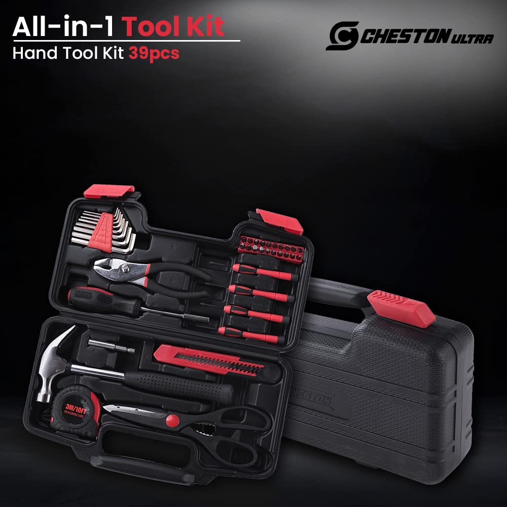 Cheston Ultra 39 Piece Hand Tool Kit | Non-Slip & Corrosion Resistant Handles | Multi-Utility Household & Professional Hand Tools | Screwdriver, Socket Set, Wrench, Pliers