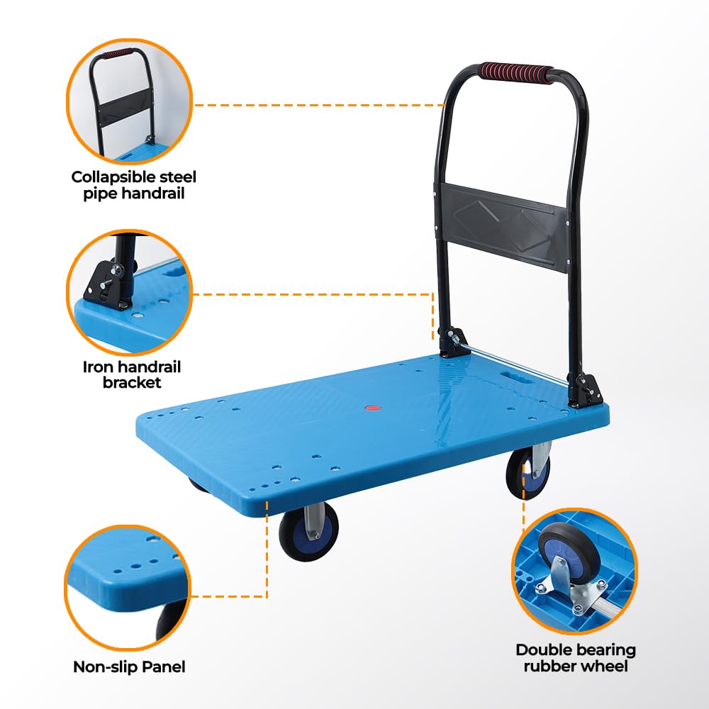 Cheston Folding Steel + Plastic Platform Trolley with 4 Wheels I 150 kg Capacity ICollapsible/Folding Handle I Industrial Trolley Cart for Heavy Weight/Material Handling (73 * 48 * 86 cm)