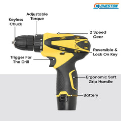 Cheston Plastic Cordless Drill Screw Driver 10mm Keyless Chuck 12V with One Battery