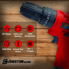Cheston 12V Cordless Impact Drill Machine Screwdriver | 10mm Keyless Chuck | 1500 MAH Battery Torque (18+1) 1500 RPM | Reversible Variable Speed for Walls Woods Metal | Carrying tool kit case