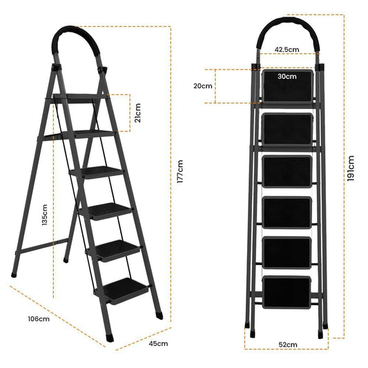 Cheston Premium MS Steel 6 Step Foldable Ladder 6.1' FT Anti Skid Step Ladder | Wide Pedal and Hand Grip | Shock Resistance | Supports Over 150 Kgs (Black)