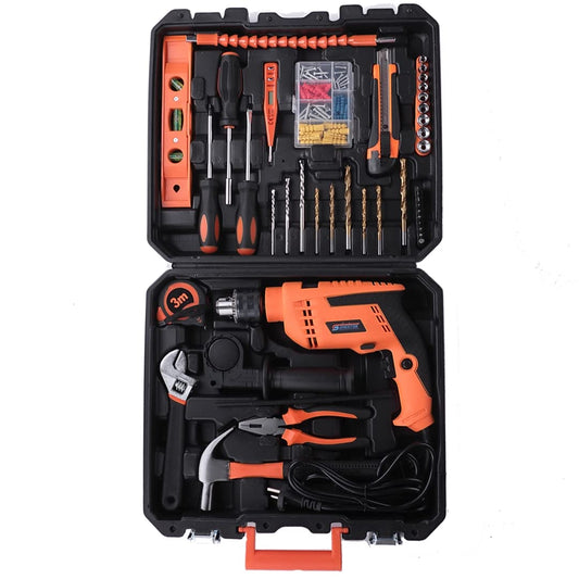 Cheston 13mm Drill Kit 750W Powerful Impact Drill Machine Kit | Screwdriver Kit with 43 Pieces Tool Kit and Accessories | Hammer Wrench Plier Cutter Spirit Level Tape