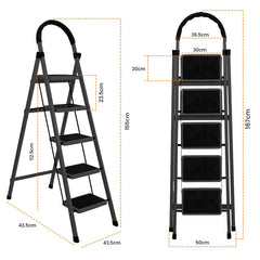 Cheston Foldable GI Steel 5-Steps Home Ladder | 5.6 Feet Anti-Skid Step Ladder with Wide Pedal & Hand Grip | Shock-Resistant Foldable Ladder for Home Use | Supports 150+ Kgs | Black 5 Step