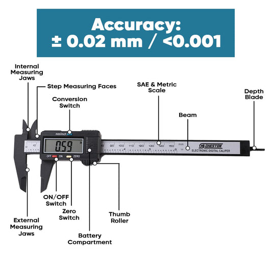 Cheston Digital Vernier Caliper | Durable Plastic Body | LCD Display | Battery Cell Included I 150mm/6Inch I Precision Measurement With Zero Calibration | Accuracy ± 0.02 mm / <0.001