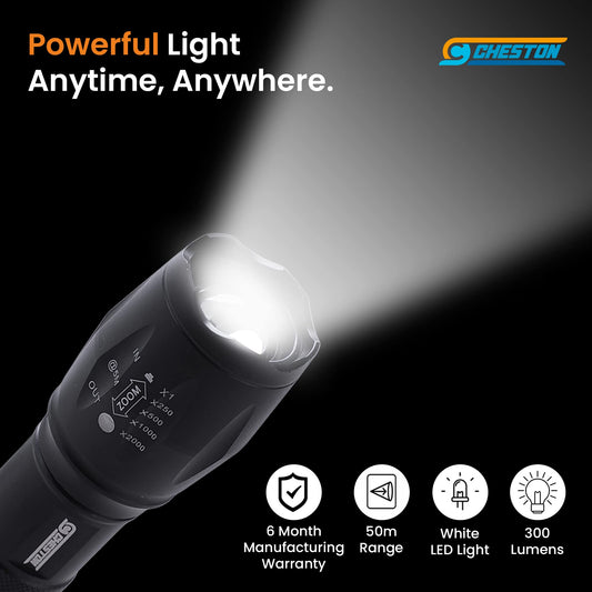 CHESTON LED Flashlight White Light | Compact | 300 Lumen | 50m Range | 6 - Month Manufacturing Warranty | Multiple Mode Full - Med - Low - Flash - SOS | Water Resistant IPX4