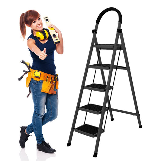 Cheston Foldable GI Steel 5-Steps Home Ladder | 5.6 Feet Anti-Skid Step Ladder with Wide Pedal & Hand Grip | Shock-Resistant Foldable Ladder for Home Use | Supports 150+ Kgs | Black 5 Step