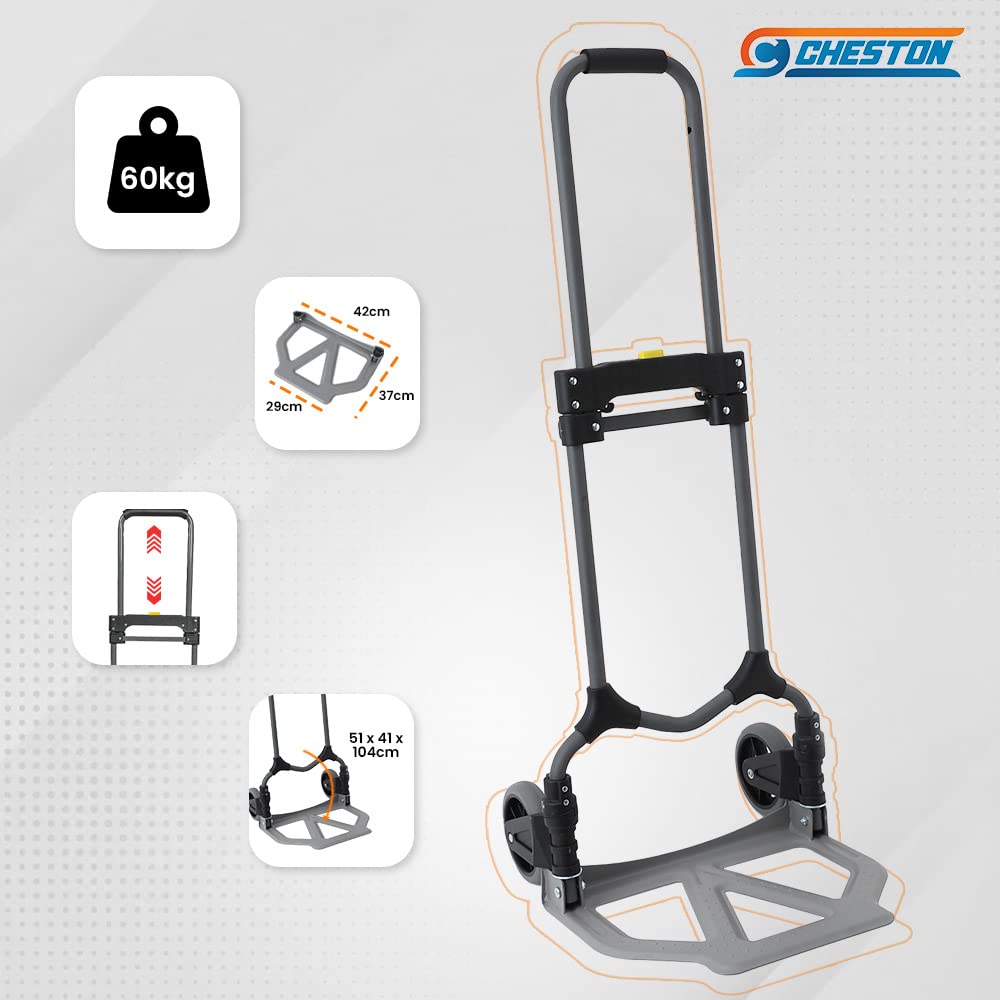 Cheston Folding Steel Hand Truck with Wheels I 65 kg Capacity I Telescopic Handle and Bungee Cord I Collapsible/Portable 2 Wheel Dolly Trolley Cart with TPR Hand Grip I (Open Size 40 x 42 x 100 cm)