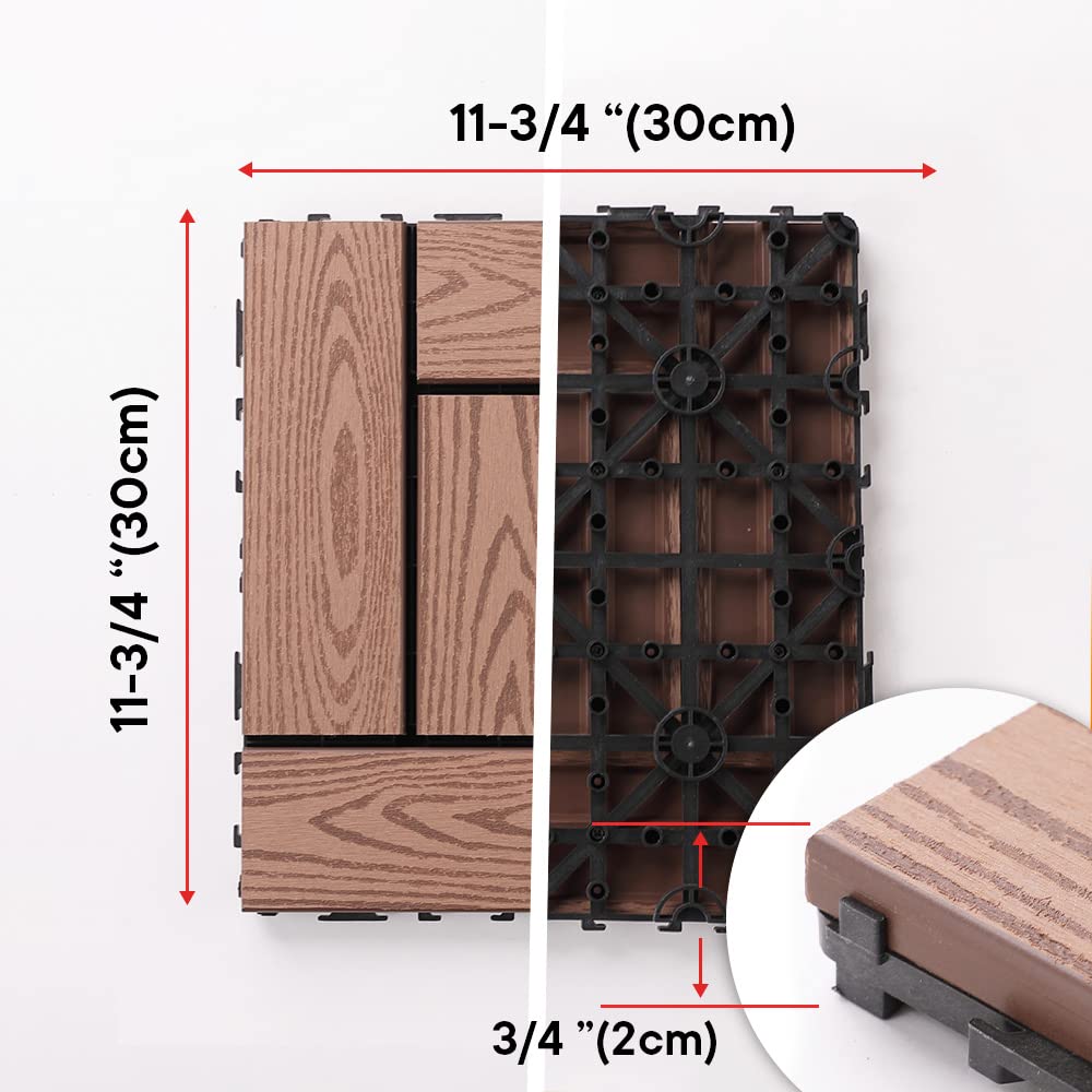 Cheston Interlocking Tiles for Floor I Interlocking Wooden Tiles for Garden, Balcony & Poolside I Weather & Water Resistant I Quick Flooring Solution I 12" X 12" Deck Tiles (Set of 2, Walnut Brown)