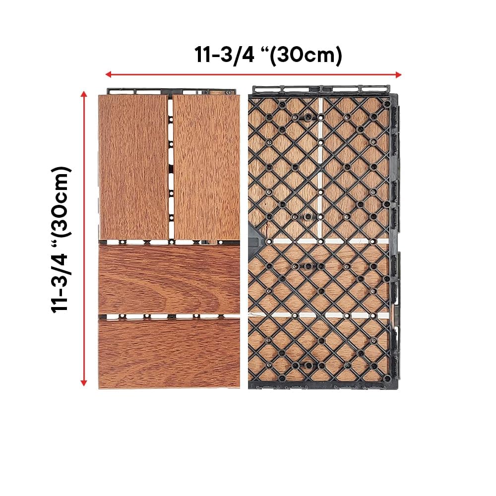 Cheston Interlocking Tiles for Floor I Interlocking Wooden Tiles for Garden, Balcony & Poolside I Weather & Water Resistant I Flooring Solution I 12" X 12" Deck Tiles (Set of 18, Dark Brown Wood Tile)