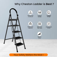 Cheston Premium Stainless Steel Ladder for Home 5 Steps Foldable I 5.1' FT Anti Skid Step Ladder with Wide Pedal & Hand Grip I Shock-Resistant Sturdy Steel Step Stool That Supports 150+ Kgs