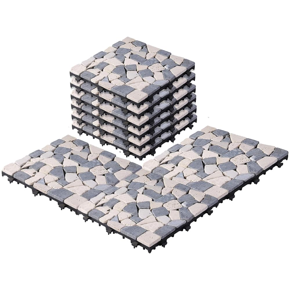 Cheston Tiles for Floor with Interlocking I Pebble Floor Tiles I Weather & Water Resistant I Tiles for Garden, Balcony & Poolside I 12" X 12" Deck Tiles (Set of 12, Grey-Colour Stones)