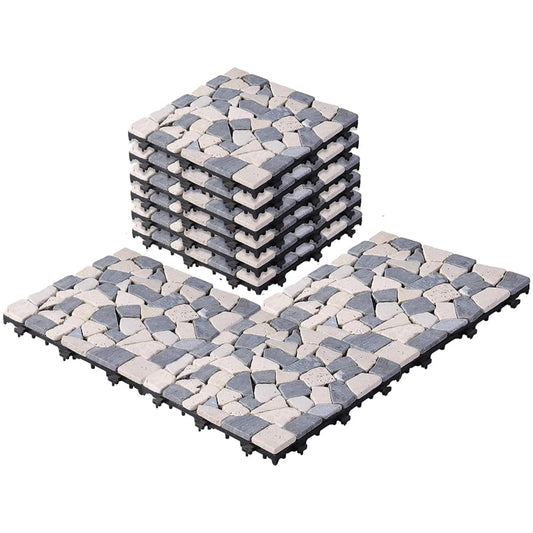 Cheston Tiles for Floor with Interlocking I Pebble Floor Tiles I Weather & Water Resistant I Tiles for Garden, Balcony & Poolside I 12" X 12" Deck Tiles (Set of 18, Grey-Colour Stones)