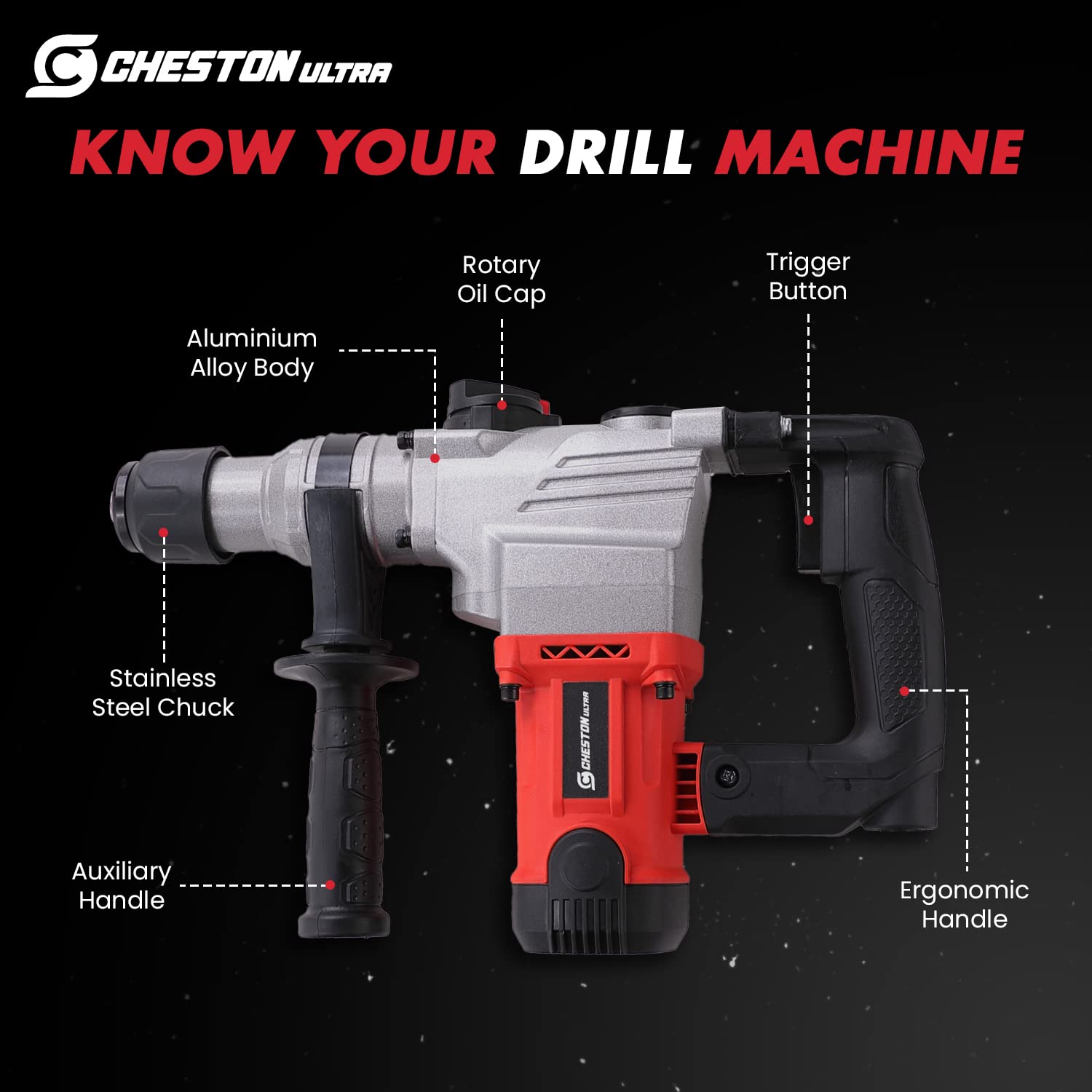 Cheston Ultra 26mm Core Drill Rotary Hammer 1200W | 900RPM For Drilling & Demolition Task With Accessories 3 Drill Bits & 2 Chisels
