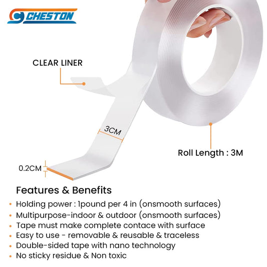 CHESTON Double Sided Tape I 3 Meter I Strong Wall Self Adhesive Tape I Two Side Sticky Strips for Walls, Furniture, Carpet I Heavy Duty & Waterproof I No Marks Clear Reusable Tape I Multi-purpose