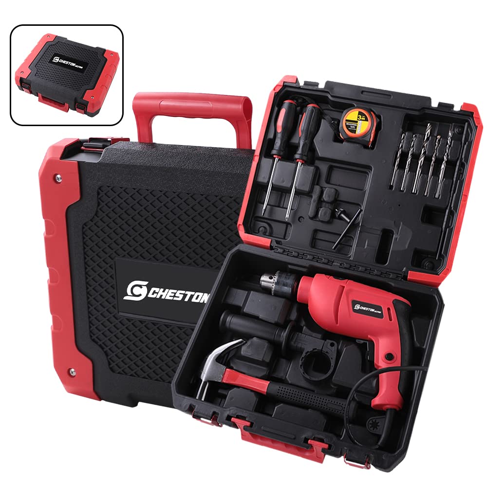 Cheston Ultra 13mm Drill Kit 600W Powerful Impact Drill Machine Kit | Screwdriver Kit with 13 Pieces Tool Kit and Accessories | Drill Bits Tape Hammer Screwdriver