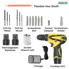 Cheston Cordless Drill Driver Kit with 24 accessories for drilling in Wall,Wood,Metal and Screwdriver 10 mm Keyless Chuck with 2 batteries LED torch Reversible Variable Speed and Torque Setting (19+1)