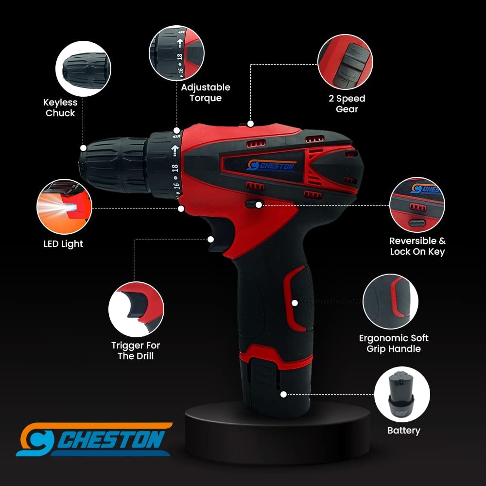 Cheston 12V Cordless Drill Machine Screwdriver Kit | 10mm Keyless Chuck | Li-ion 1500 MAH Battery | Torque (18+1) | 1500 RPM | Reversible Variable Speed | Carrying Tool Kit Case 5pc Drill Bits