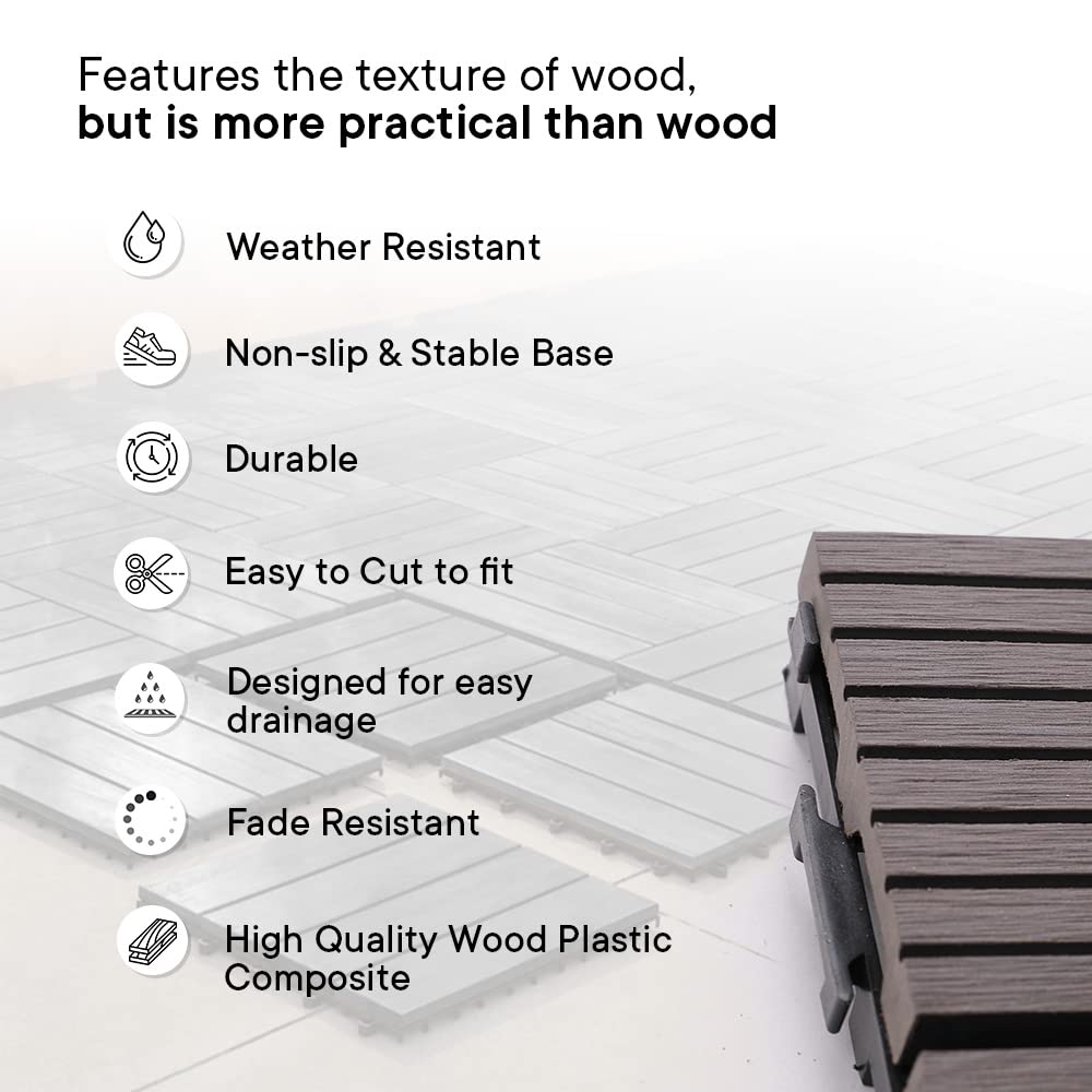 Cheston Interlocking Tiles for Floor I Interlocking Wood Plastic Composite Tiles for Garden, Balcony & Poolside I Weather & Water Resistant I 24" X 12" Deck Tiles (Set of 4, Dark Brown)