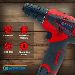 Cheston 12V 10mm Cordless Drill with 2 Batteries | Variable Speed Drill LED Torch | Torque Setting (19+1) Cordless Drill/Screwdriver for Home