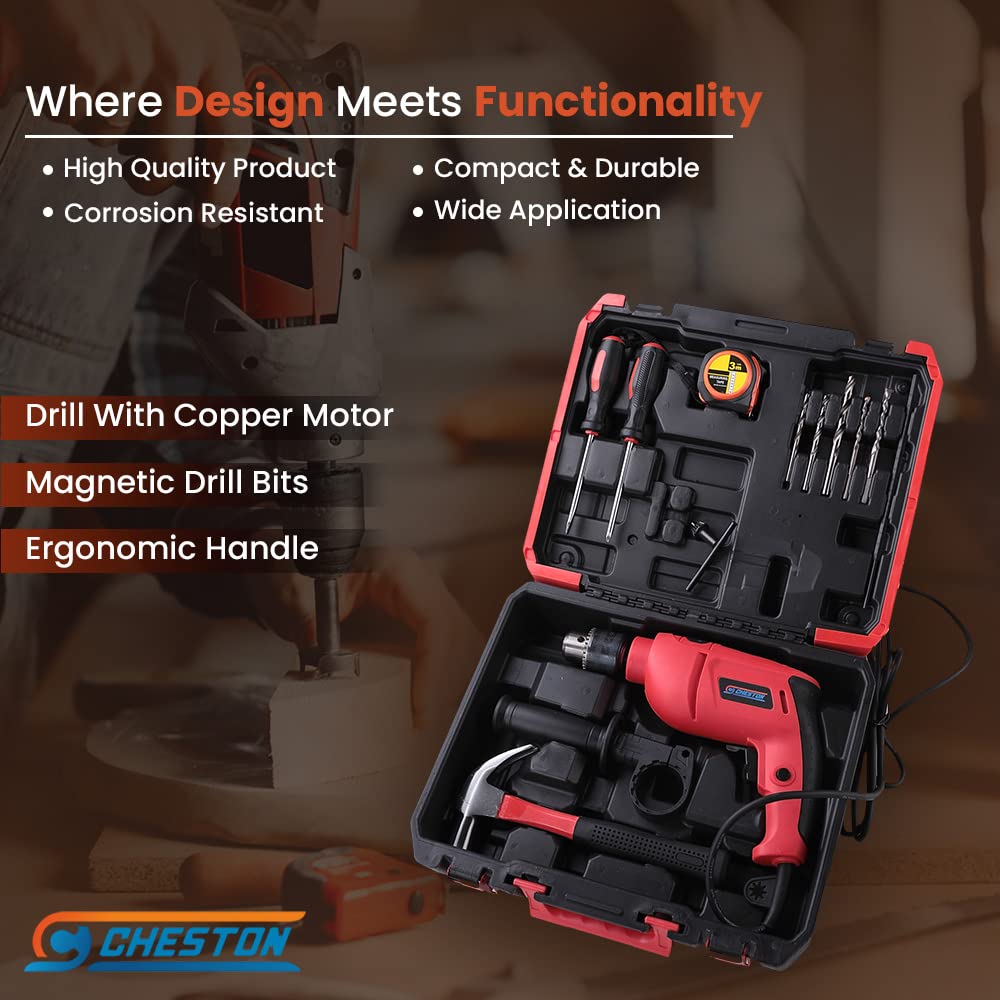 Cheston Ultra 13mm Drill Kit 600W Powerful Impact Drill Machine Kit | Screwdriver Kit with 13 Pieces Tool Kit and Accessories | Drill Bits Tape Hammer Screwdriver