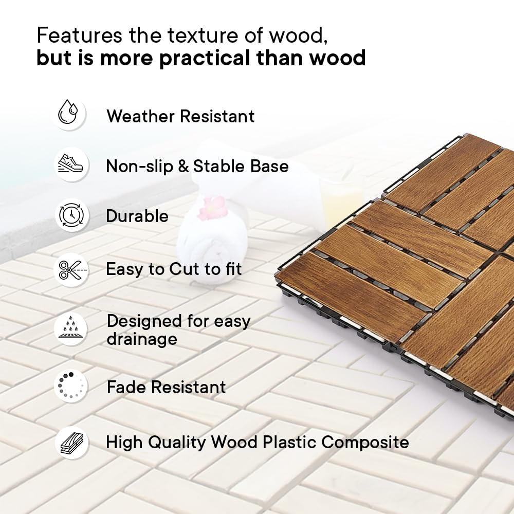 Cheston Interlocking Tiles for Floor I Interlocking Wooden Tiles for Garden, Balcony Poolside I Weather & Water Resistant I Flooring Solution I 12" X 12" Deck Tiles (Set of 6, Light Brown Wood Tile)
