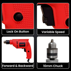 Cheston 10mm Powerful Drill Machine Screwdriver Reverse Forward Rotation with Variable Speed for Wall, Metal, Wood Drilling (5 Wall and 13 HSS BITS Included)